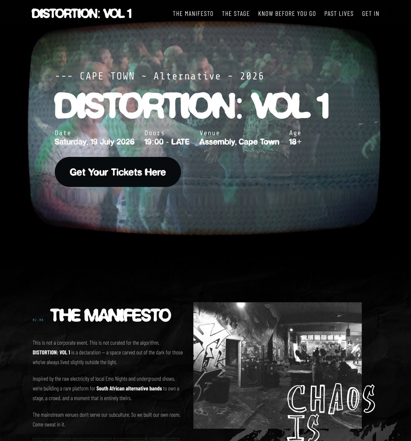 DISTORTION: VOL 1 event website hero section, dark and industrial in tone